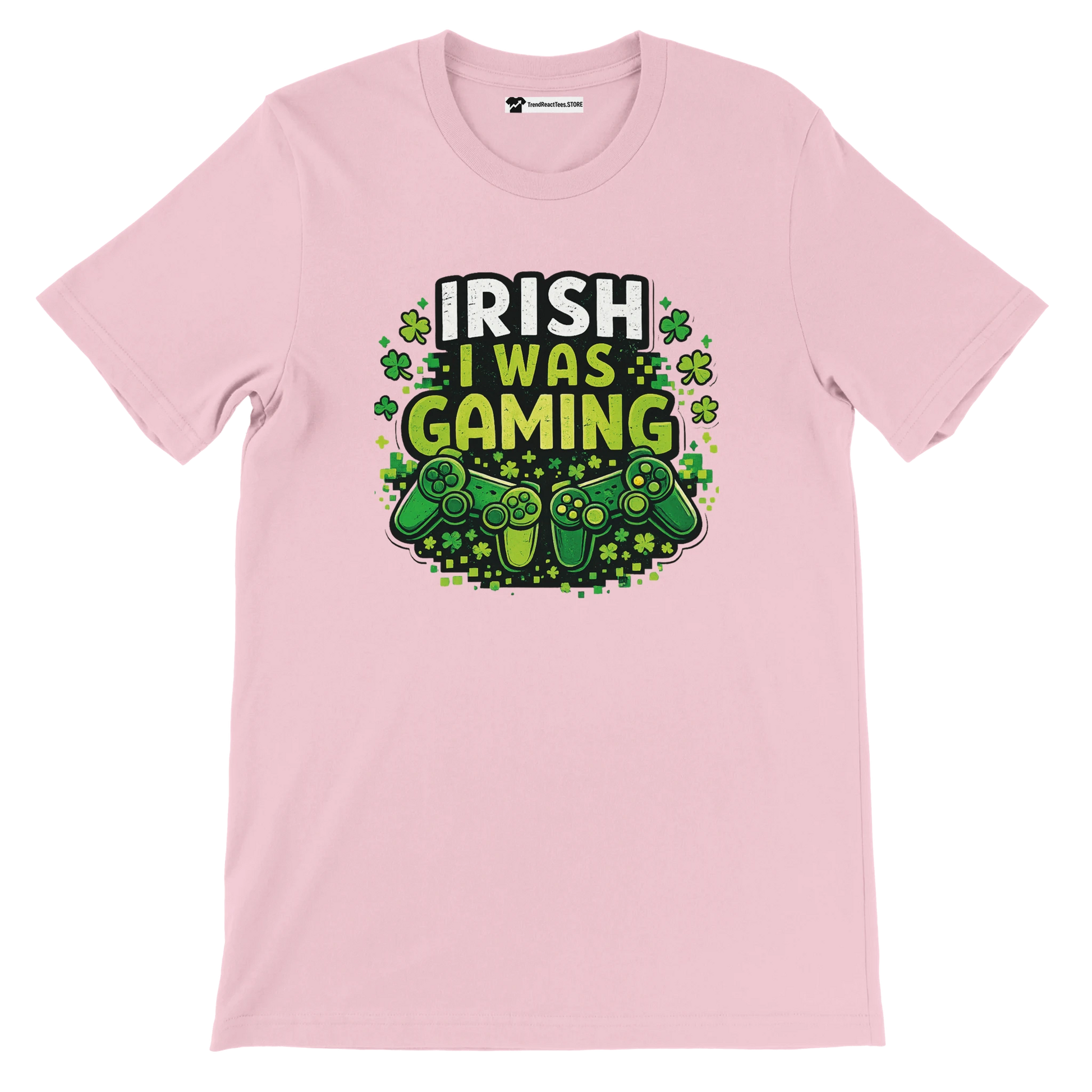 Pink Irish gaming tee with shamrocks and controllers, perfect for St. Patrick's Day fun