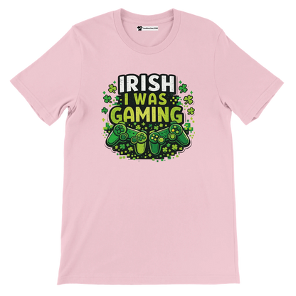 Pink Irish gaming tee with shamrocks and controllers, perfect for St. Patrick's Day fun