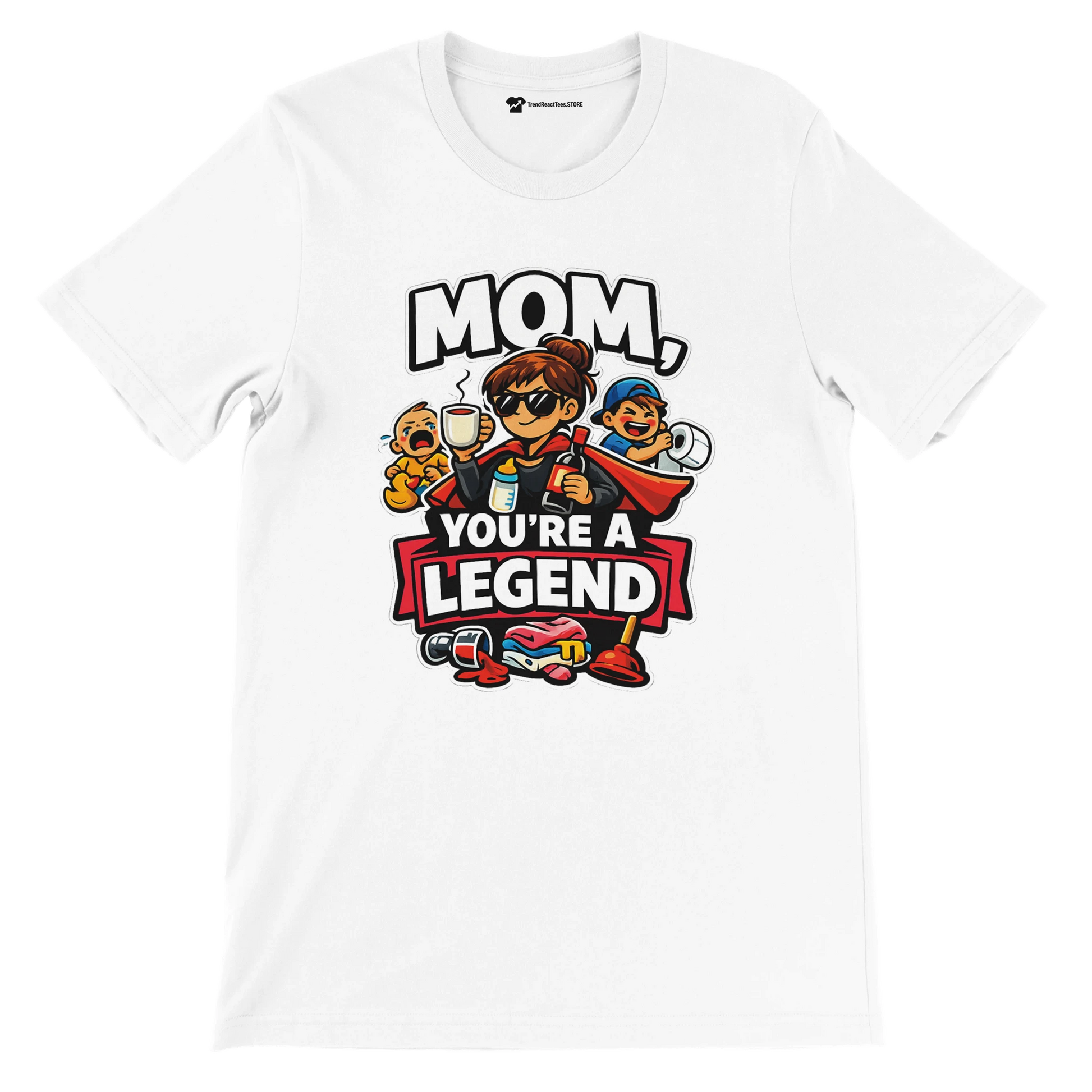 White T-shirt with cartoon mom, kids, coffee, and bold text Mom You're a Legend
