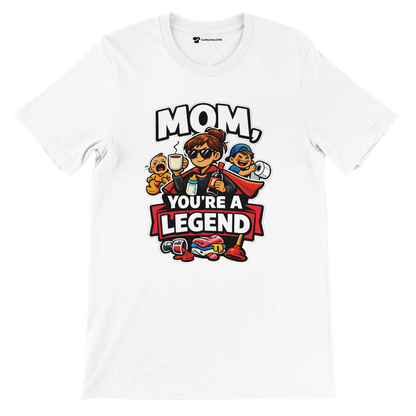 White T-shirt with cartoon mom, kids, coffee, and bold text Mom You're a Legend
