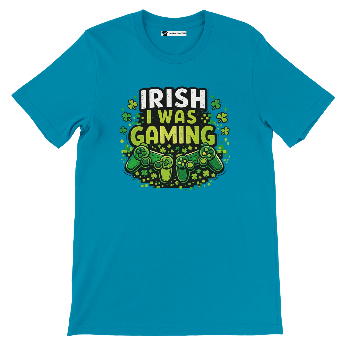 Irish I Was Gaming tee with shamrocks and controllers, perfect for St. Patrick's Day gamers
