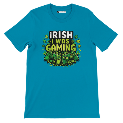Irish I Was Gaming tee with shamrocks and controllers, perfect for St. Patrick's Day gamers