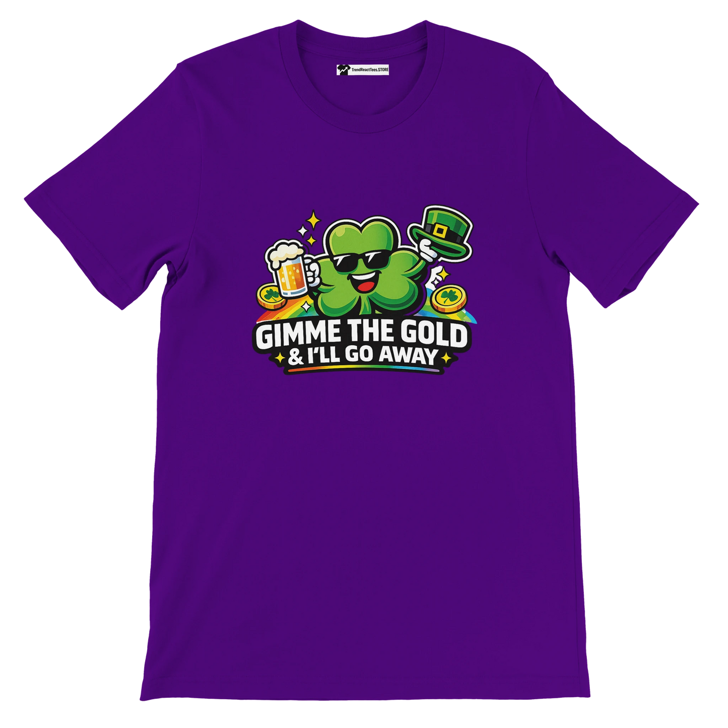 Purple St. Patrick’s Day tee with shamrock holding beer, gold coins, and 'Gimme the Gold' text