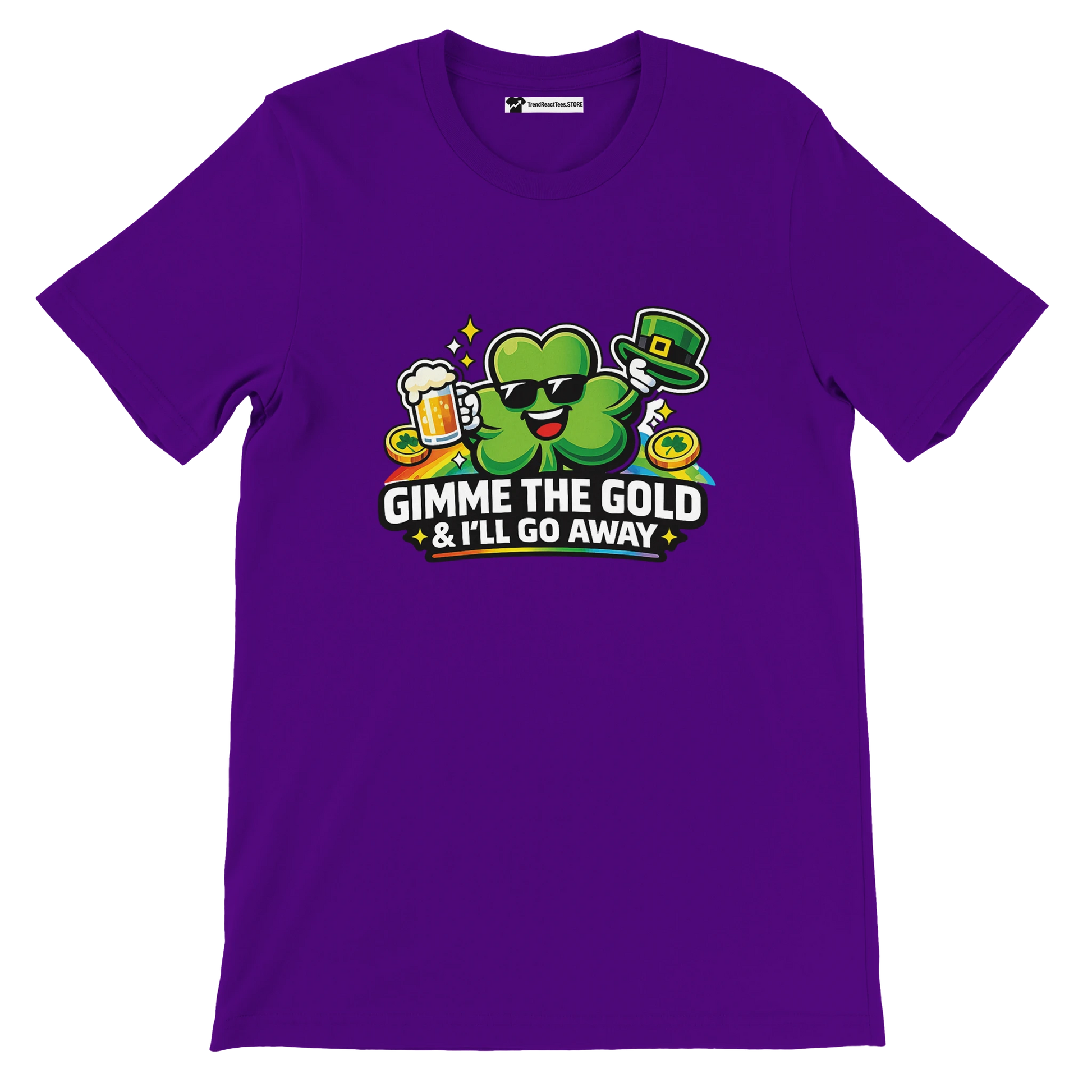 Purple St. Patrick’s Day tee with shamrock holding beer, gold coins, and 'Gimme the Gold' text