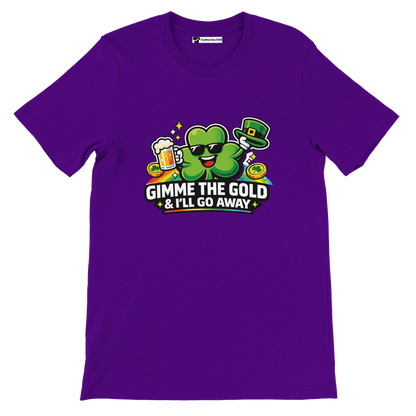 Purple St. Patrick’s Day tee with shamrock holding beer, gold coins, and 'Gimme the Gold' text