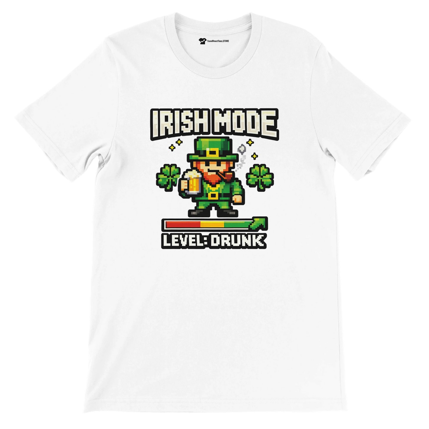 White t-shirt with pixel art leprechaun, 'Irish Mode Level: Drunk' text, shamrocks, beer mug for St. Patrick's Day