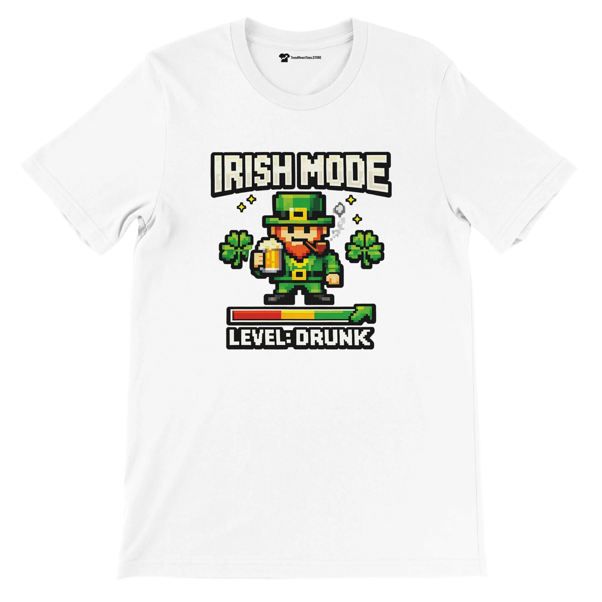 White t-shirt with pixel art leprechaun, 'Irish Mode Level: Drunk' text, shamrocks, beer mug for St. Patrick's Day