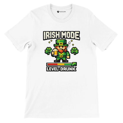 White t-shirt with pixel art leprechaun, 'Irish Mode Level: Drunk' text, shamrocks, beer mug for St. Patrick's Day