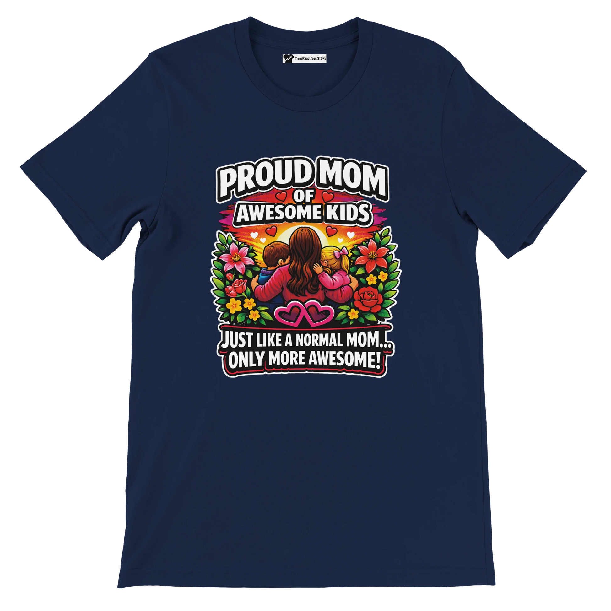 Navy blue t-shirt with colorful 'Proud Mom of Awesome Kids' graphic and floral design