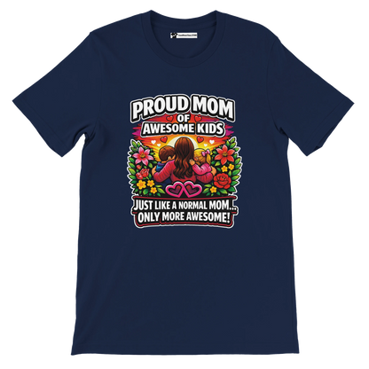 Navy blue t-shirt with colorful 'Proud Mom of Awesome Kids' graphic and floral design