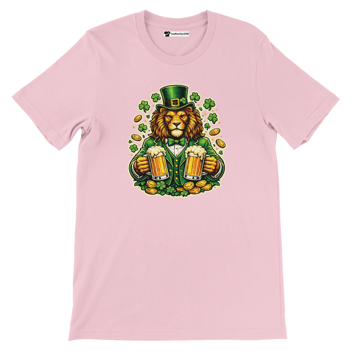 Pink t-shirt with lion in green leprechaun hat holding beer mugs, shamrocks, and gold coins for St. Patrick's Day.