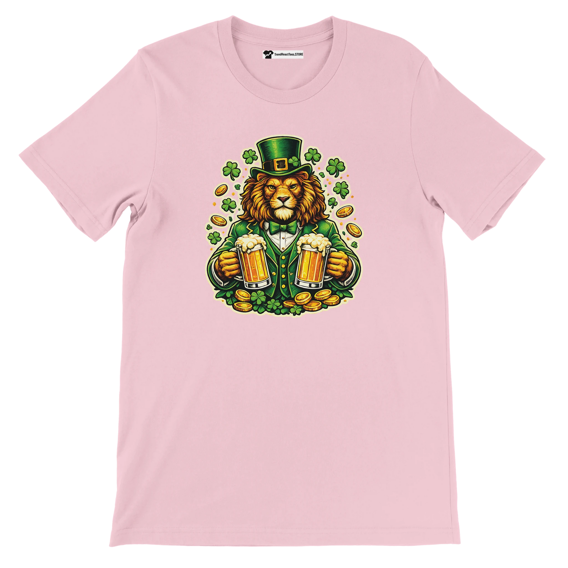 Pink t-shirt with lion in green leprechaun hat holding beer mugs, shamrocks, and gold coins for St. Patrick's Day.