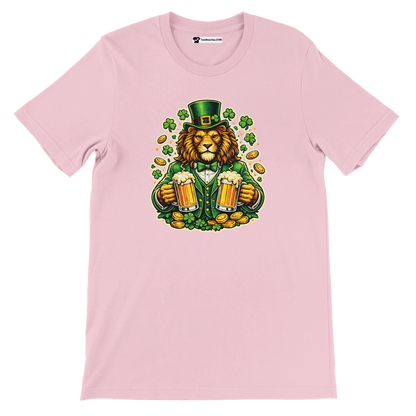 Pink t-shirt with lion in green leprechaun hat holding beer mugs, shamrocks, and gold coins for St. Patrick's Day.