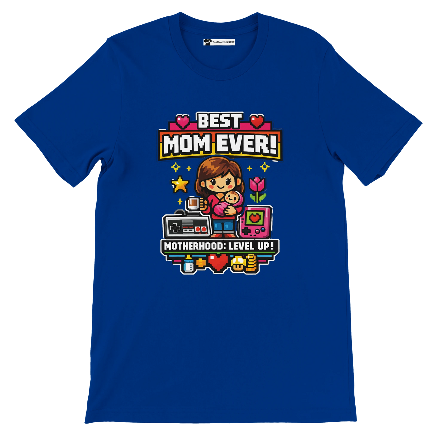 Blue tee featuring pixel art of a mom with child, retro gaming icons, and 'Best Mom Ever!' text.