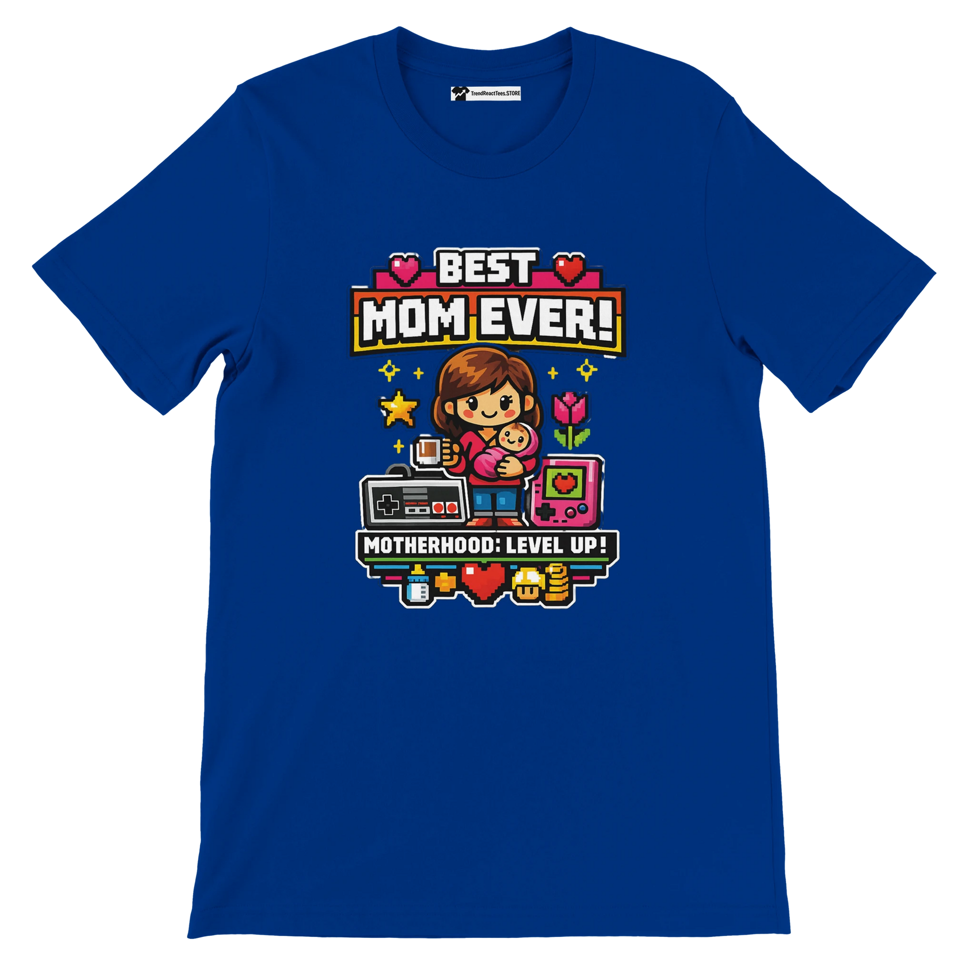 Blue tee featuring pixel art of a mom with child, retro gaming icons, and 'Best Mom Ever!' text.
