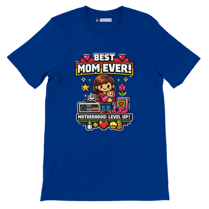 Blue tee featuring pixel art of a mom with child, retro gaming icons, and 'Best Mom Ever!' text.