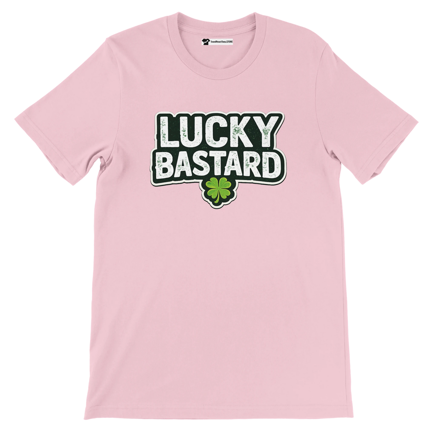 Pink Lucky Bastard tee with shamrock, cyber-brutalist anime aesthetic for holidays