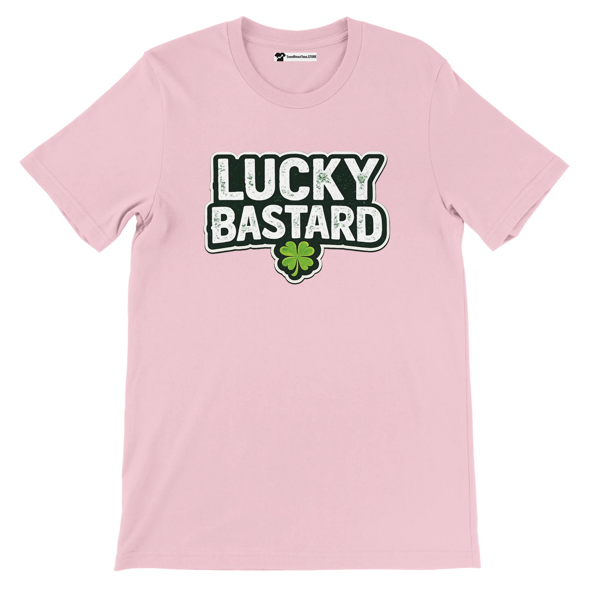 Pink Lucky Bastard tee with shamrock, cyber-brutalist anime aesthetic for holidays