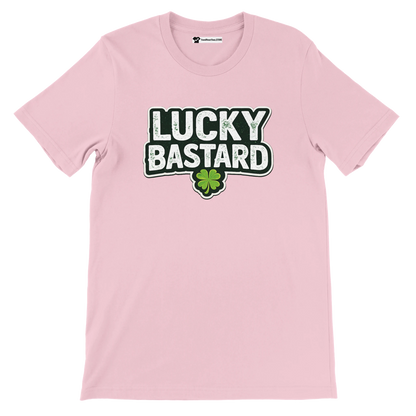 Pink Lucky Bastard tee with shamrock, cyber-brutalist anime aesthetic for holidays