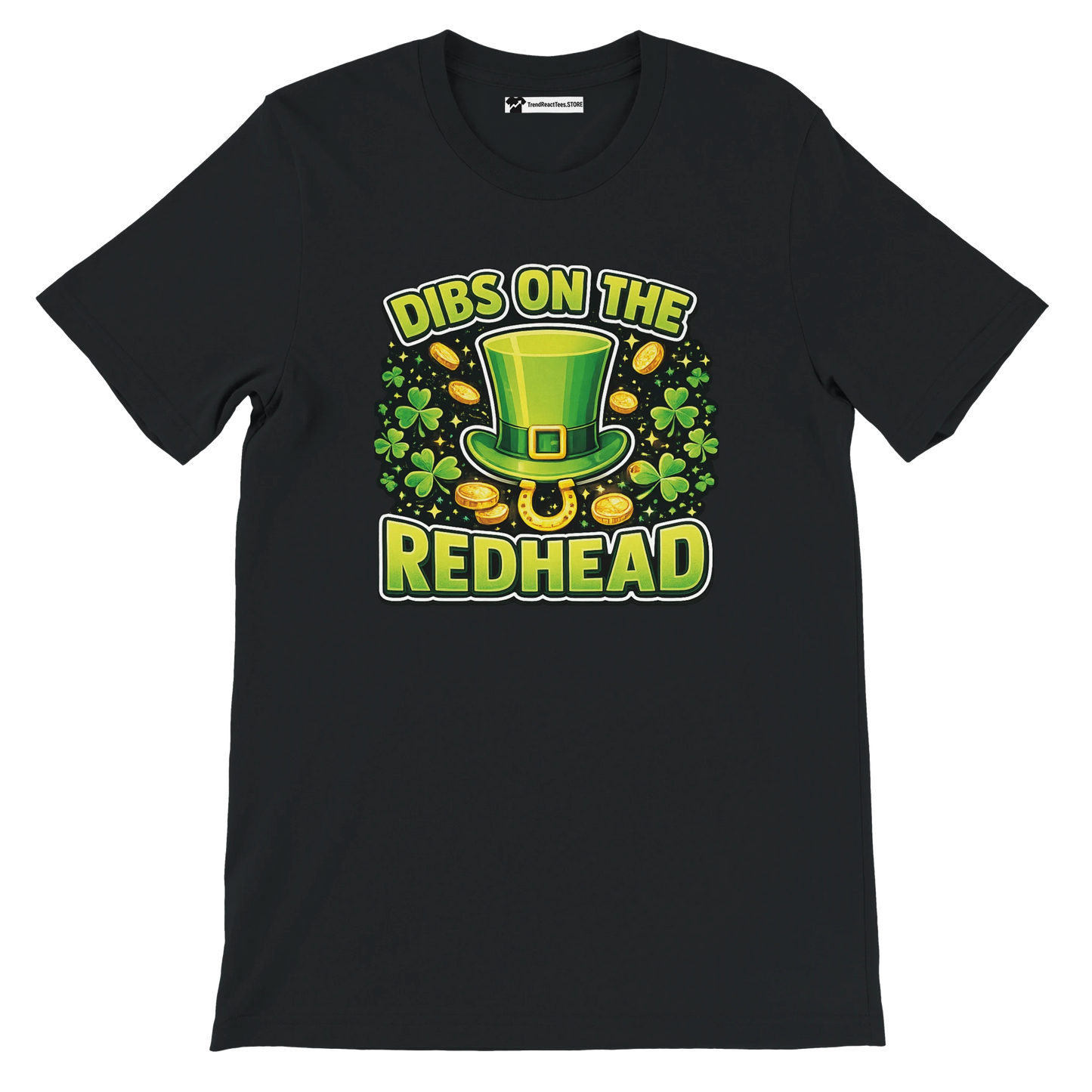 Black t-shirt with 'Dibs on the Redhead' St. Patrick's Day graphic, leprechaun hat, shamrocks and gold coins