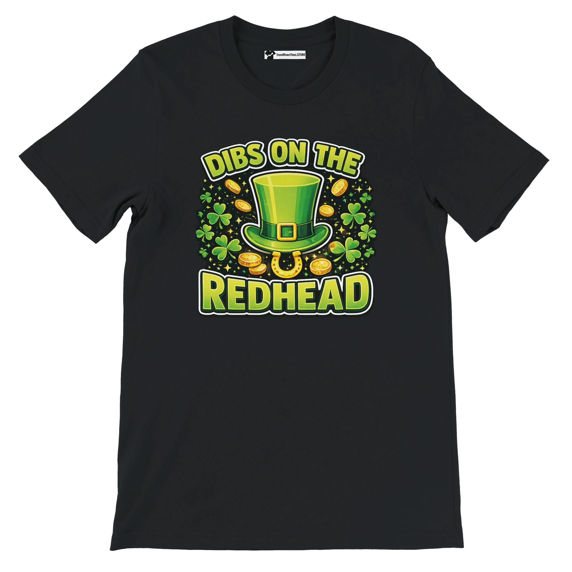 Black t-shirt with 'Dibs on the Redhead' St. Patrick's Day graphic, leprechaun hat, shamrocks and gold coins
