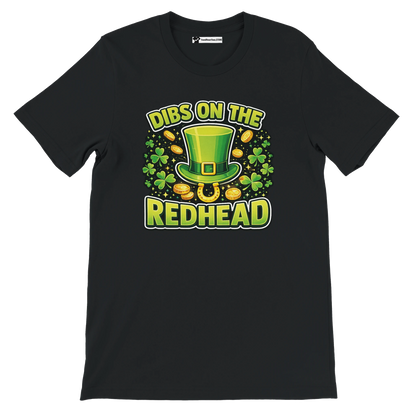 Black t-shirt with 'Dibs on the Redhead' St. Patrick's Day graphic, leprechaun hat, shamrocks and gold coins