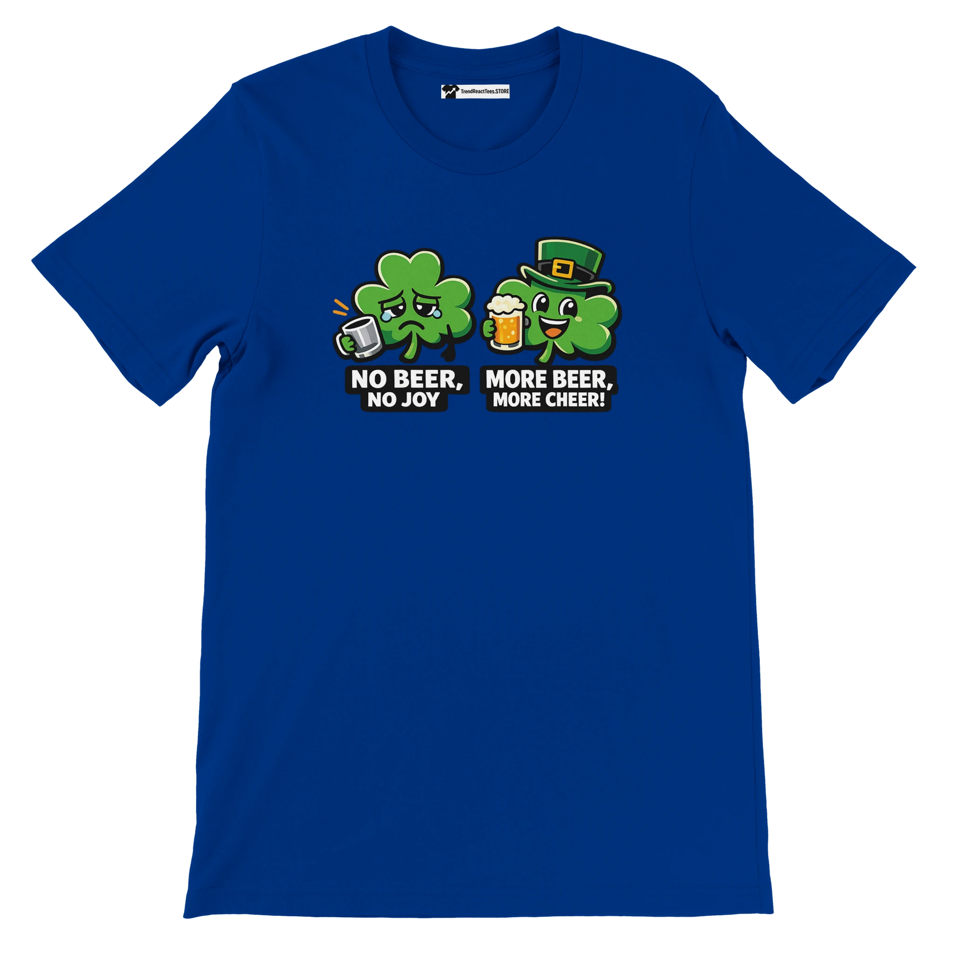 Blue t-shirt with cartoon clovers, beer mugs, and St. Patrick's Day quote text graphics.
