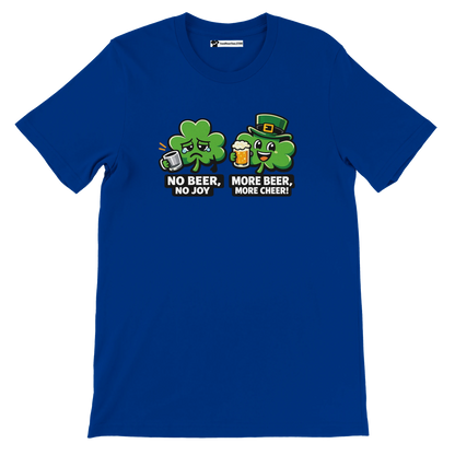Blue t-shirt with cartoon clovers, beer mugs, and St. Patrick's Day quote text graphics.
