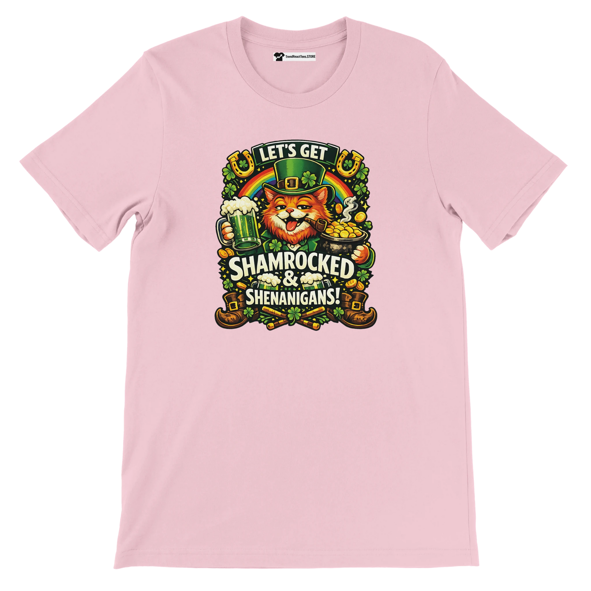 Pink t-shirt with a festive cat, beer, clovers, and "Let's Get Shamrocked & Shenanigans!" text.