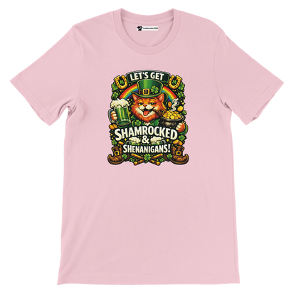 Pink t-shirt with a festive cat, beer, clovers, and "Let's Get Shamrocked & Shenanigans!" text.