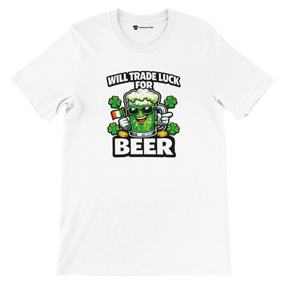 St. Patrick's Day beer tee with shamrocks, coins, and 'Will Trade Luck for Beer' text