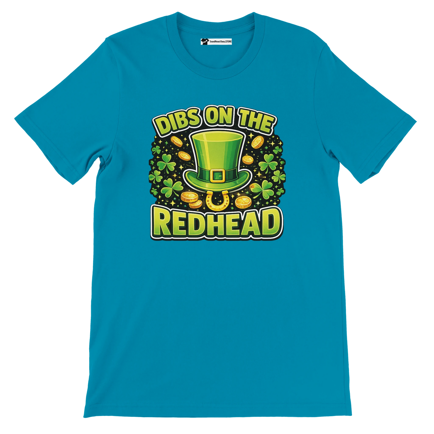 Teal t-shirt with 'Dibs on the Redhead' text, green leprechaun hat, shamrocks, and gold coins