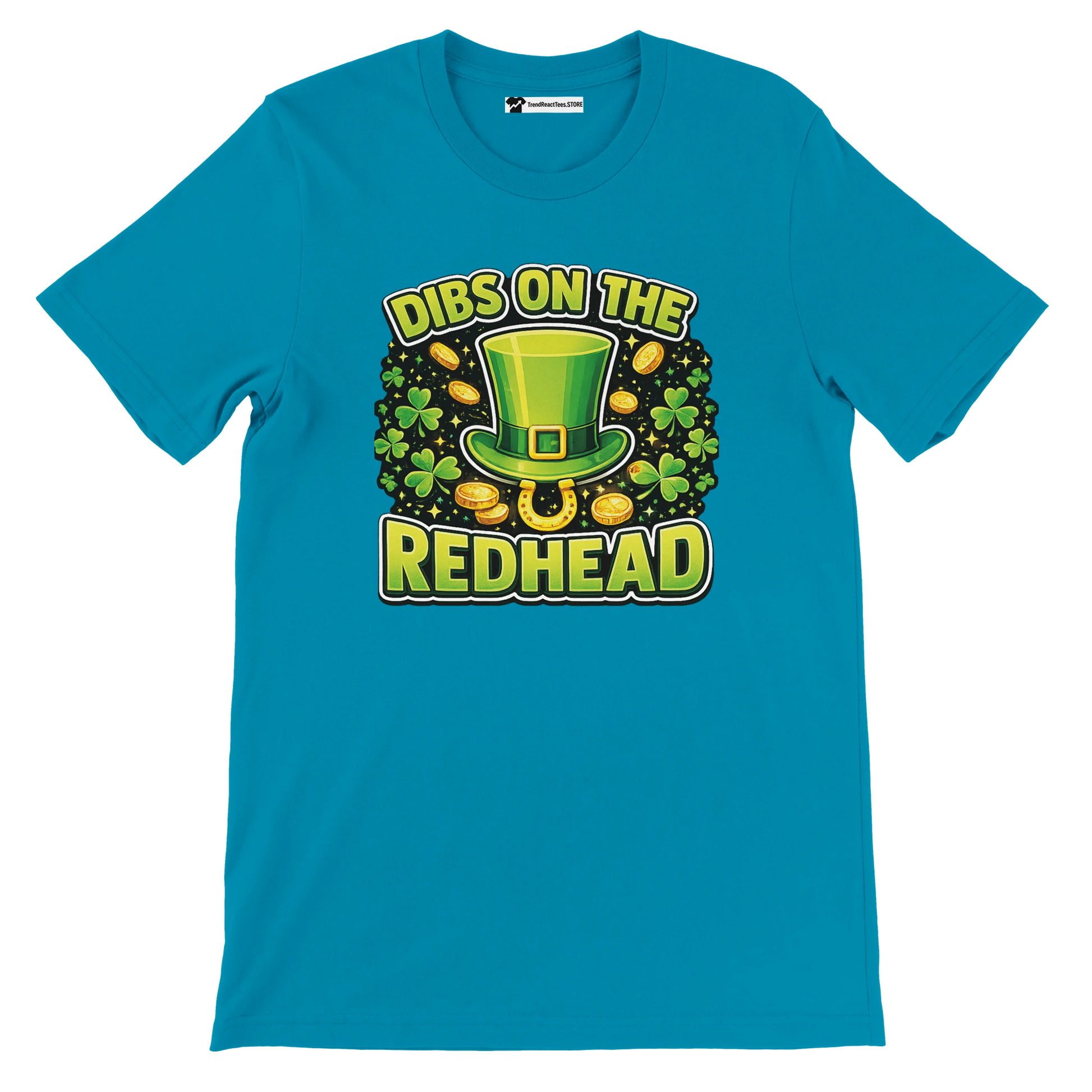 Teal t-shirt with 'Dibs on the Redhead' text, green leprechaun hat, shamrocks, and gold coins