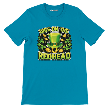 Teal t-shirt with 'Dibs on the Redhead' text, green leprechaun hat, shamrocks, and gold coins