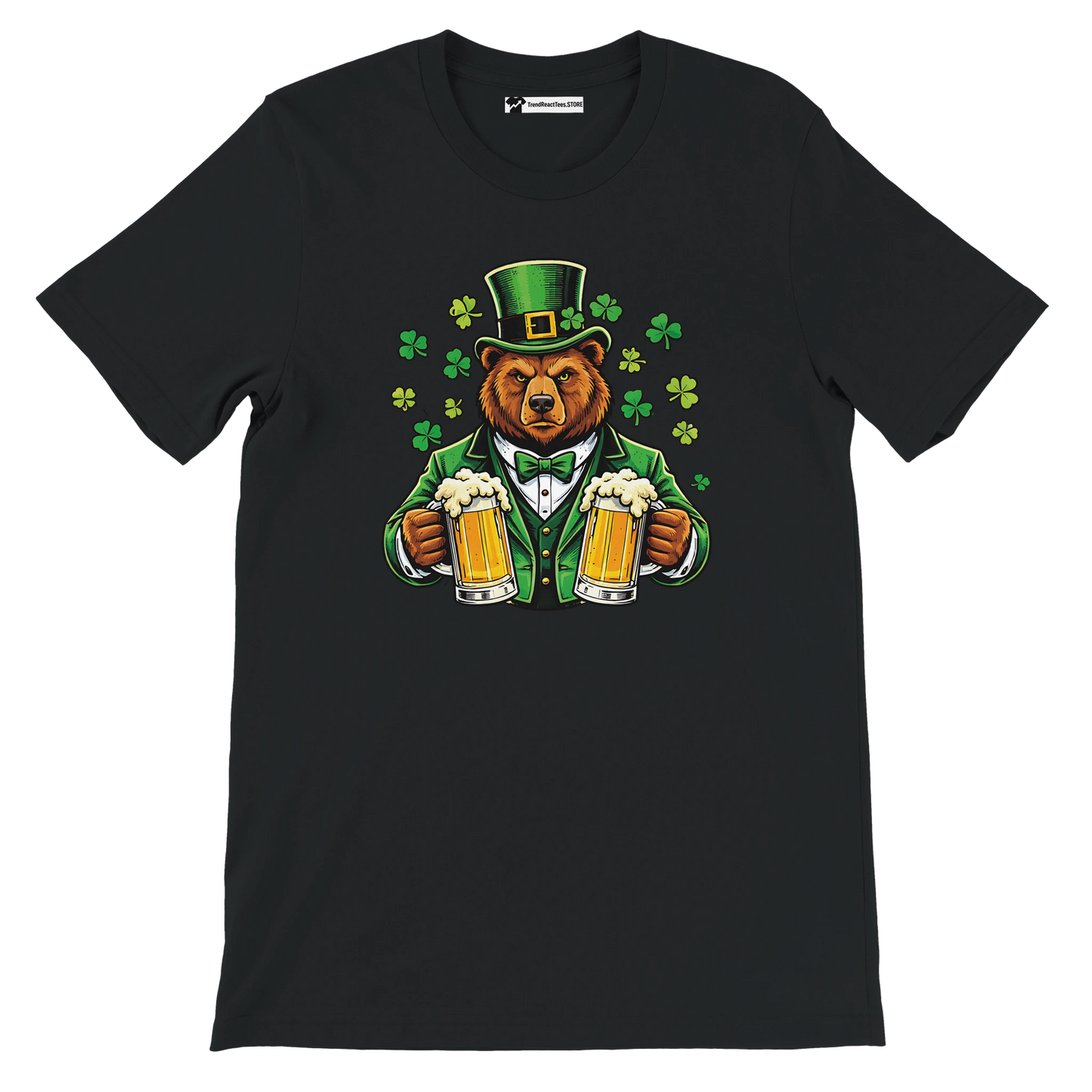 Bear in green suit and top hat holding beer mugs with shamrocks, St. Patrick's Day tee