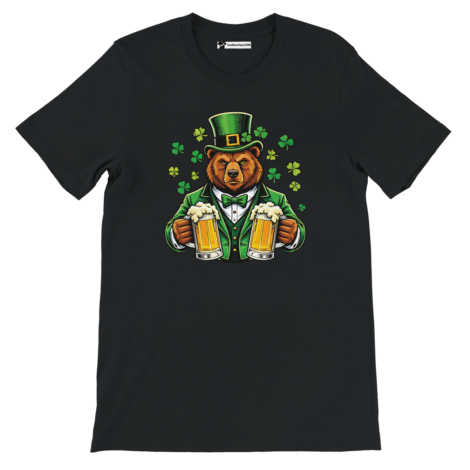 Bear in green suit and top hat holding beer mugs with shamrocks, St. Patrick's Day tee