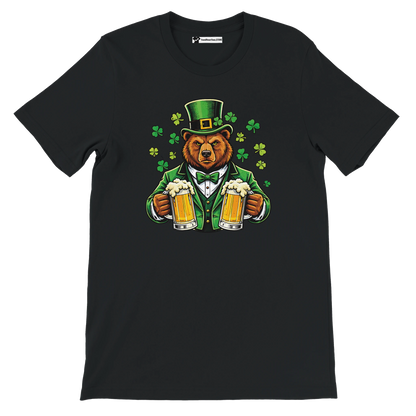Bear in green suit and top hat holding beer mugs with shamrocks, St. Patrick's Day tee