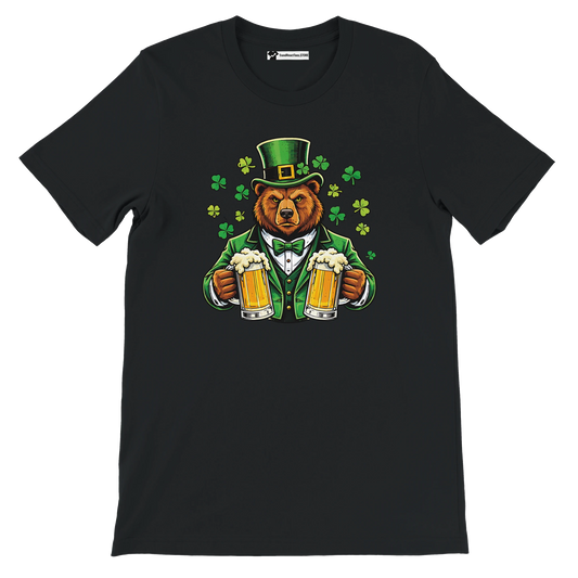 Bear in green suit and top hat holding beer mugs with shamrocks, St. Patrick's Day tee